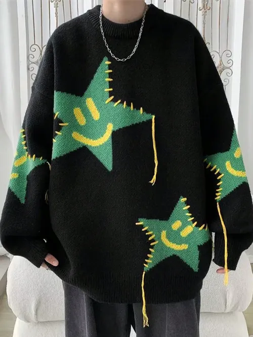 Ciepły sweter unisex oversize z motywem gwiazdy z uśmiechem i niewykończonymi wytłoczonymi szwami