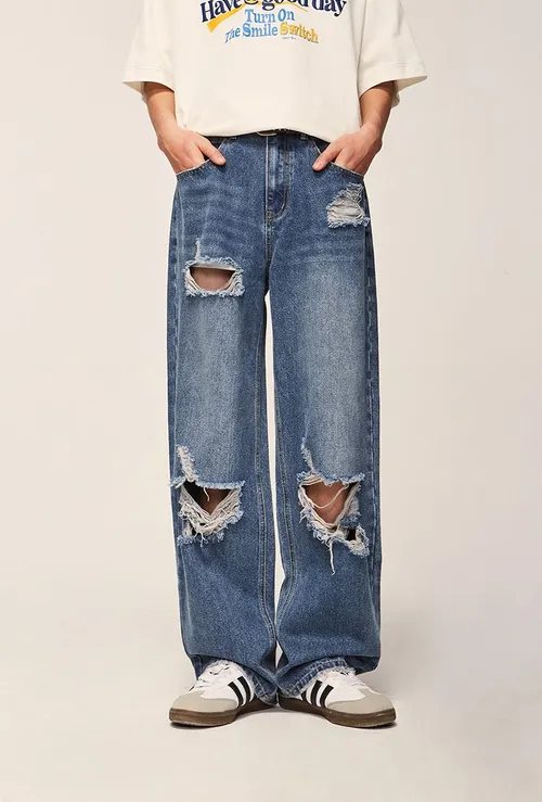 Luźne jeansy unisex z szerokimi nogawkami w stylu ripped