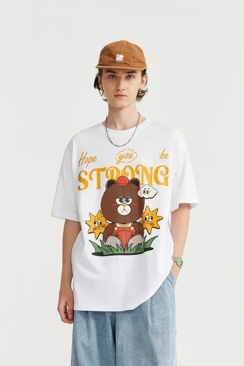 T-shirt unisexe oversize à manches courtes avec imprimé de l'ours cartoon 'Strong'