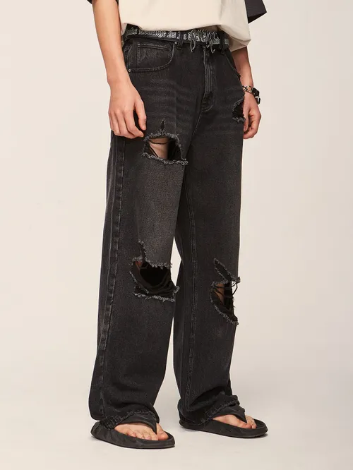 Luźne jeansy unisex z szerokimi nogawkami w stylu ripped