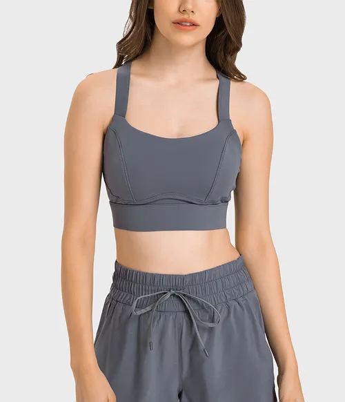 Soutien-gorge de sport à haute élasticité et anti-choc pour femmes avec fermeture à trois rangées et design de soutien latéral