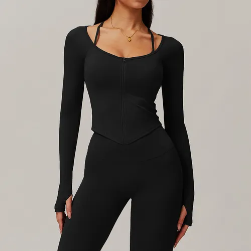 Veste matelassée de fitness pour femmes avec encolure zippée et manches longues avec passe-pouce