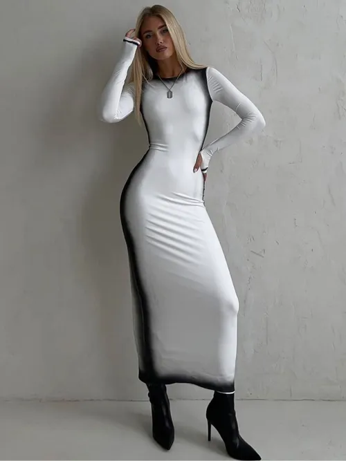 Élégante robe ajustée contrastée pour femmes, avec une coupe et des manches longues