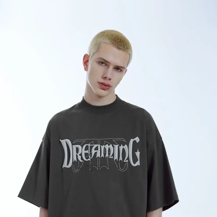 Pánské vintage oversize tričko s plastickým potiskem a krátkým rukávem Dreaming M Black