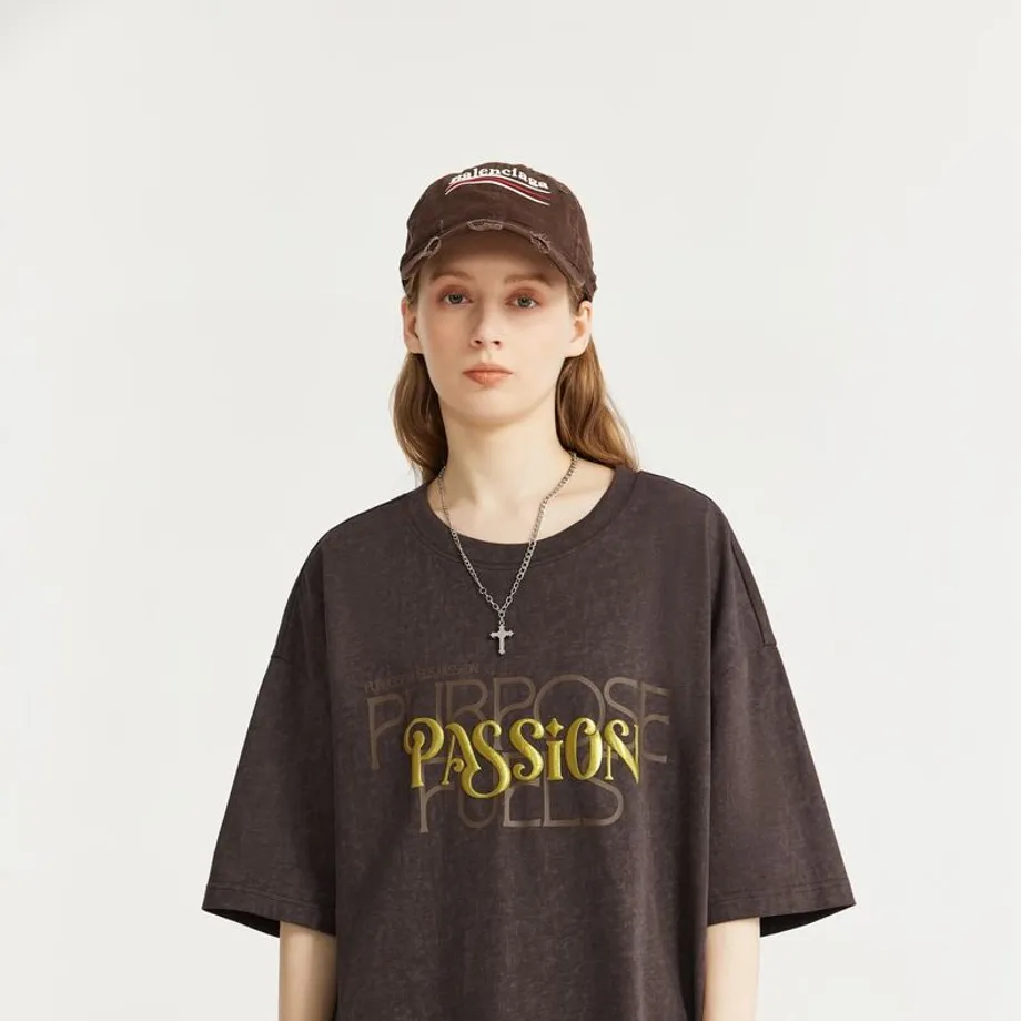 Unisex tričko s krátkým rukávem a potiskem s výšivkou Passion XL Brown