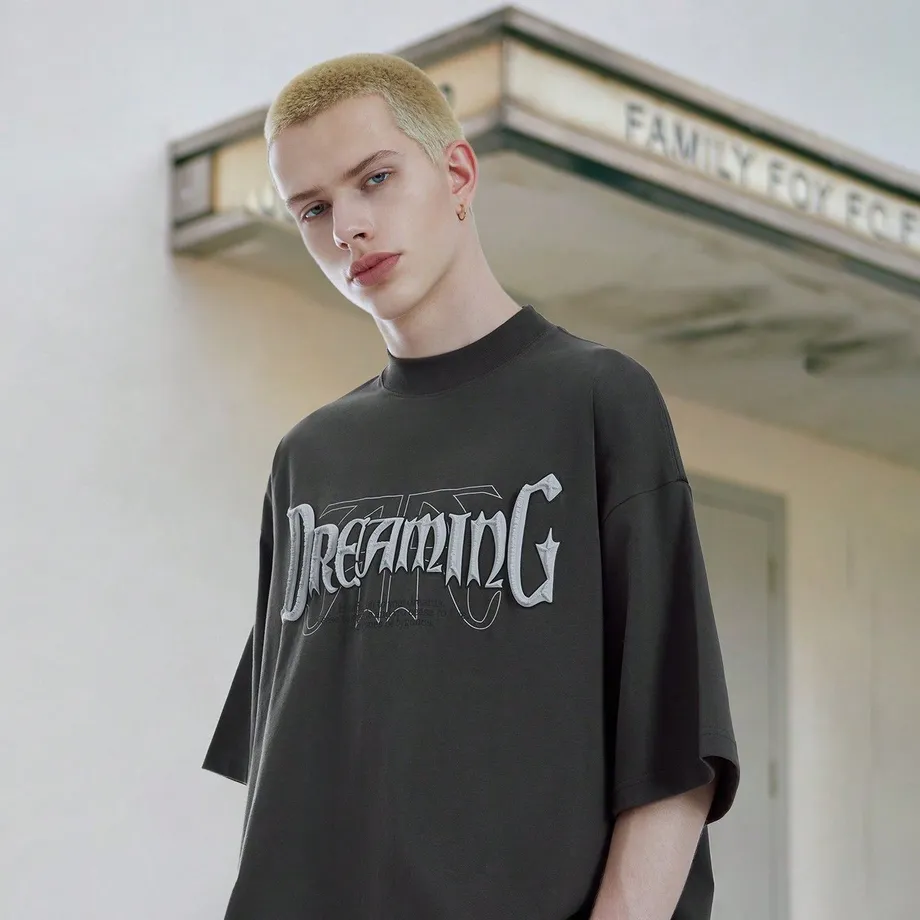 Pánské vintage oversize tričko s plastickým potiskem a krátkým rukávem Dreaming XL Black