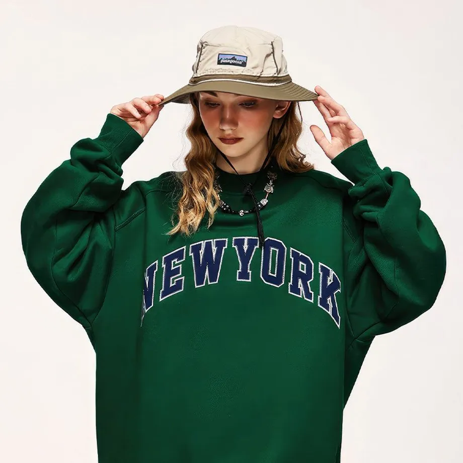 Unisex casual oversize mikina s výšivkou New York M Zelená