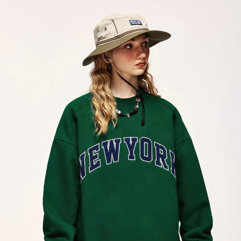 Unisex casual oversize mikina s výšivkou New York M Zelená