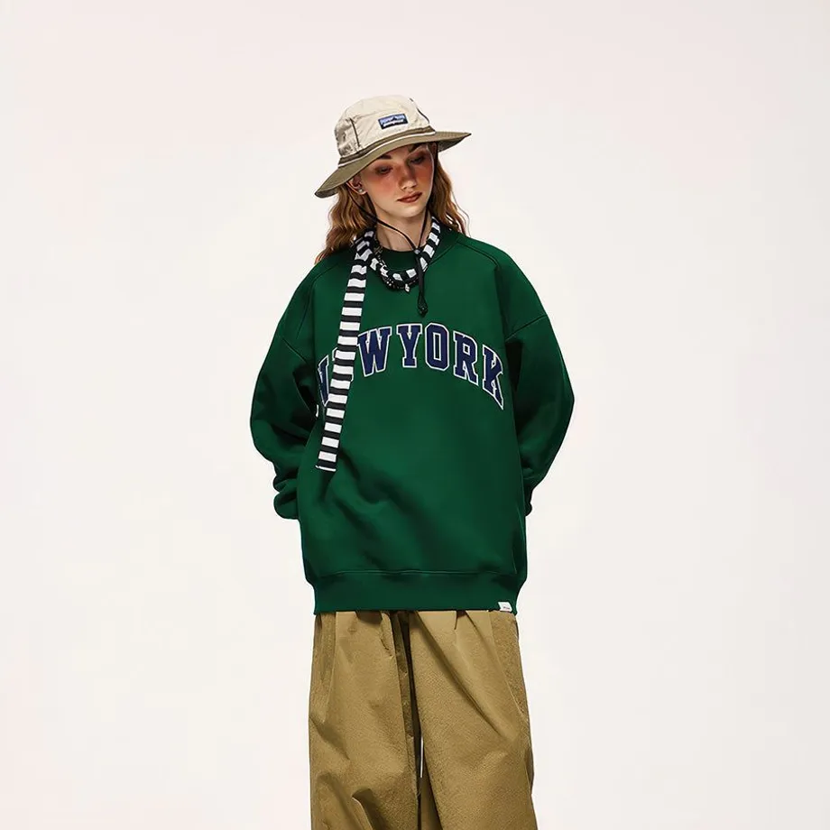 Unisex casual oversize mikina s výšivkou New York M Zelená