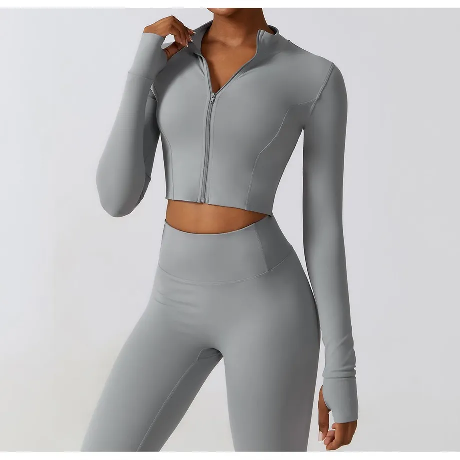 Dámská krátká sportovní bunda na zip se stojáčkem a dlouhým rukávem XL Light Grey