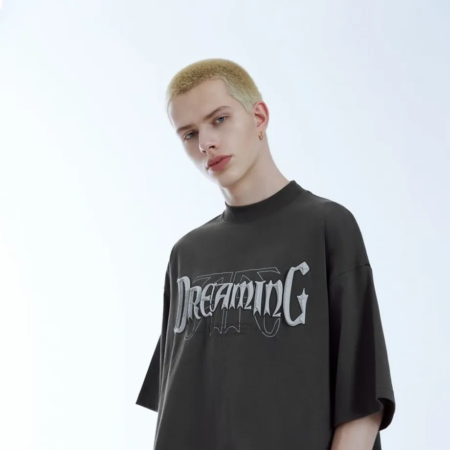 Pánské vintage oversize tričko s plastickým potiskem a krátkým rukávem Dreaming M Black