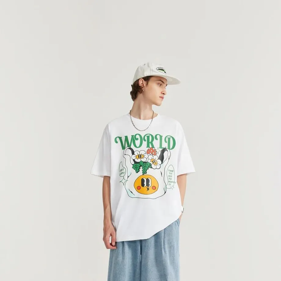 Unisex oversize tričko s krátkým rukávem a komiksovým potiskem Sunny World M White