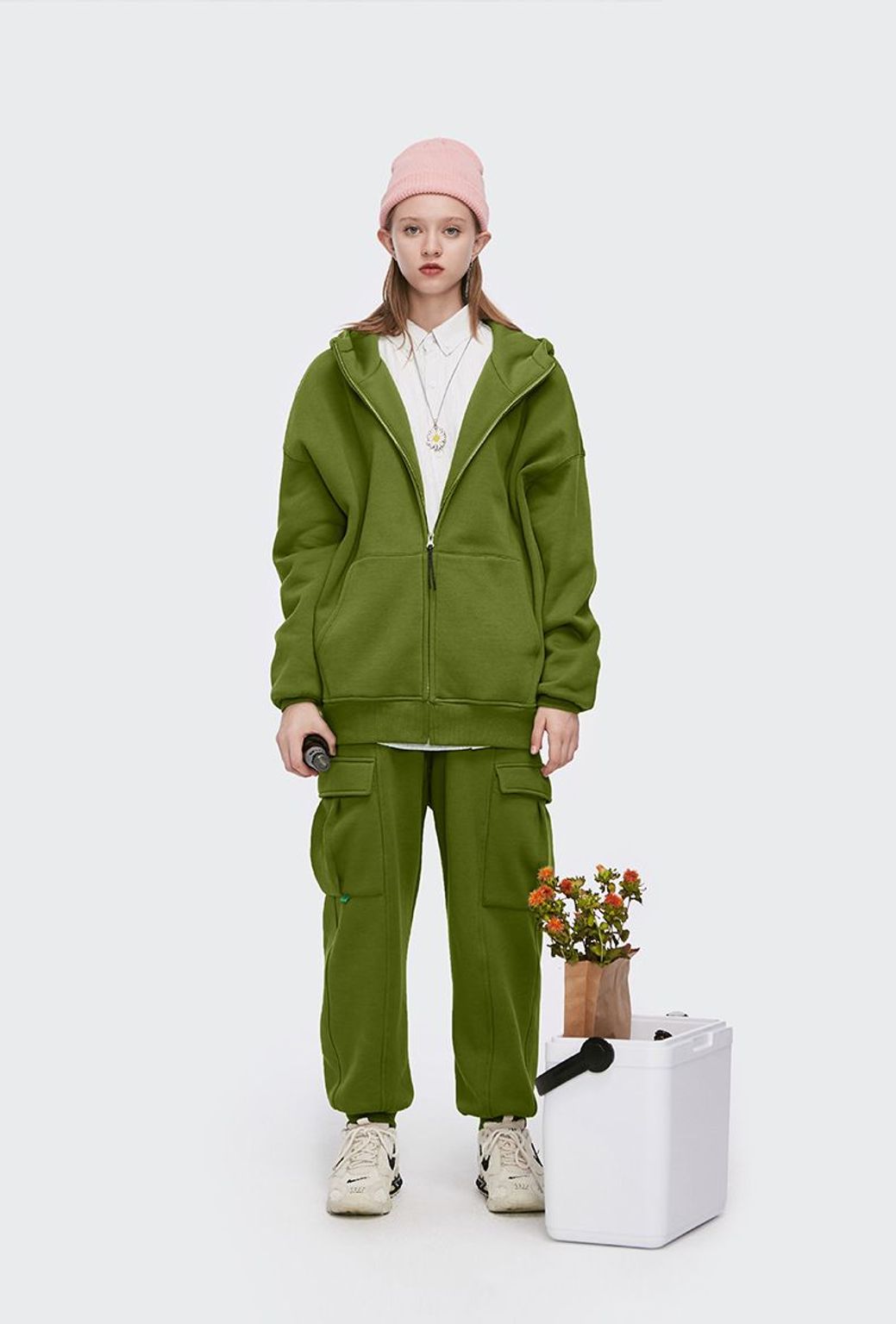 Unisex volná stylová jednobarevná mikina na zip s kapsami a kapucí 